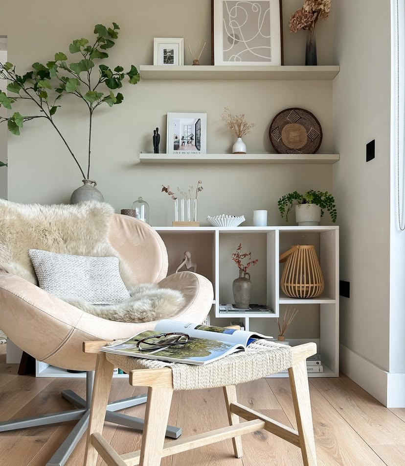 Living room with a beige armchair, wooden coffee table, and shelves with decorative items.