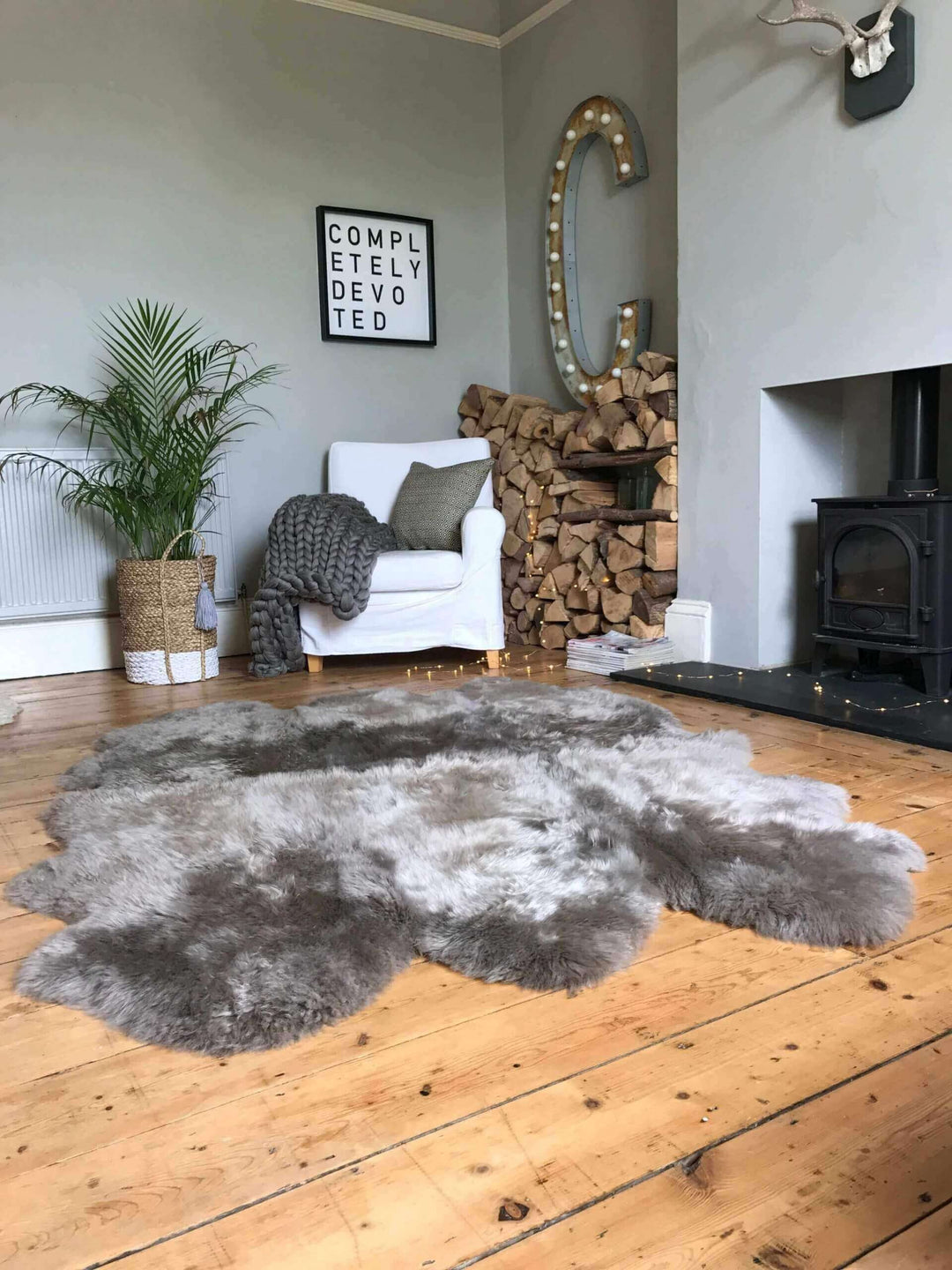 Extra Large Taupe Sheepskin Rug On Floor Scandi setting